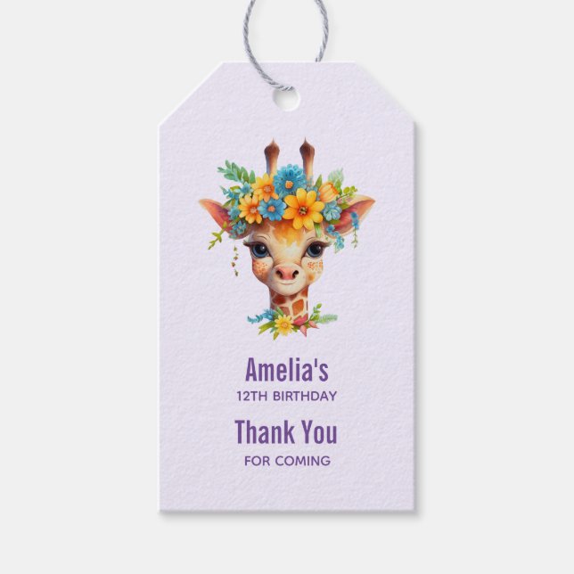 Cute Giraffe med Blommigt Krona Birthday Tack Presentetikett (Framsidan)