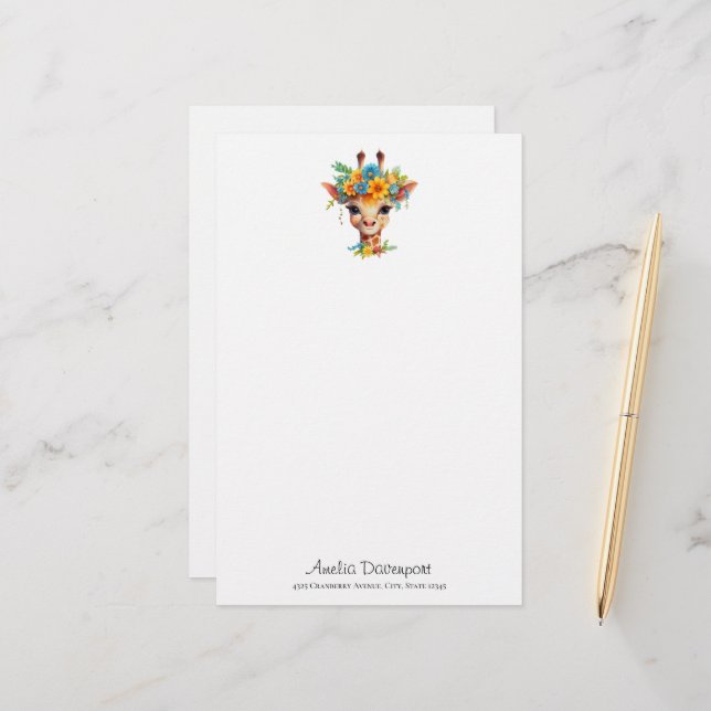 Cute Giraffe med Blommigt Krona Brevpapper (Fram/Back In Situ)