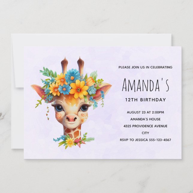 Cute Giraffe med Blommigt Krona födelsedag Inbjudningar (Framsida)