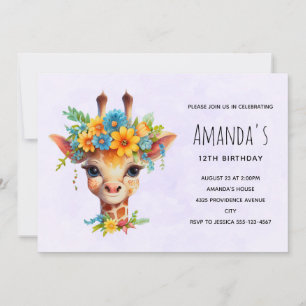 Cute Giraffe med Blommigt Krona födelsedag Inbjudningar