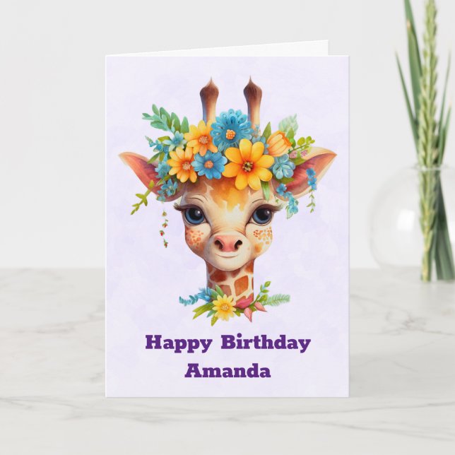 Cute Giraffe med Blommigt Krona födelsedag Kort (Framsida)
