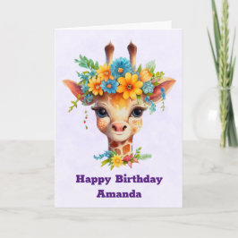 Cute Giraffe med Blommigt Krona födelsedag Kort