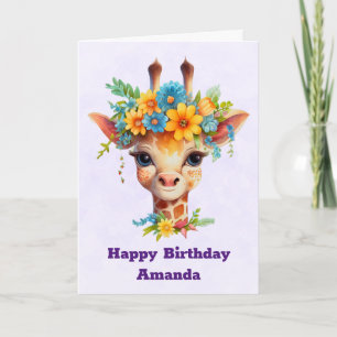 Cute Giraffe med Blommigt Krona födelsedag Kort