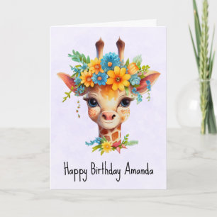 Cute Giraffe med Blommigt Krona födelsedag Kort