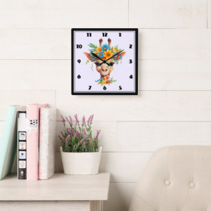 Cute Giraffe med Blommigt Krona Fyrkantig Klocka