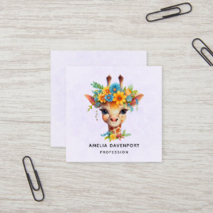Cute Giraffe med Blommigt Krona Fyrkantigt Visitkort