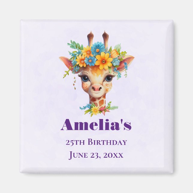 Cute Giraffe med Blommigt Krona Magnet (Framsidan)
