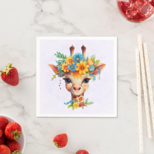Cute Giraffe med Blommigt Krona Pappersservett