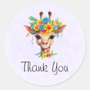 Cute Giraffe med Blommigt Krona Tack Runt Klistermärke