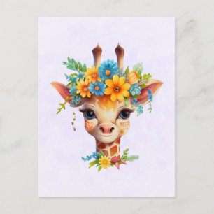 Cute Giraffe med Blommigt Krona Vykort
