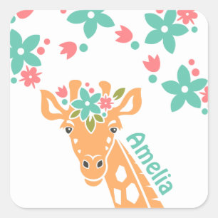 Cute Giraffe med Flower Krona Personlig Fyrkantigt Klistermärke
