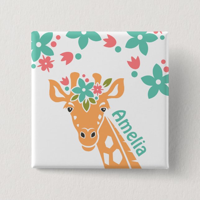 Cute Giraffe med Flower Krona Personlig Knapp (Framsida)