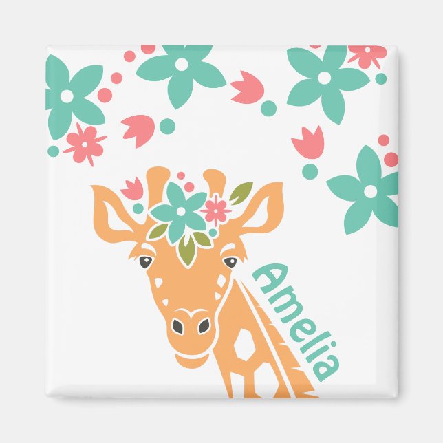 Cute Giraffe med Flower Krona Personlig Magnet (Framsidan)