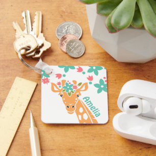 Cute Giraffe med Flower Krona Personlig Nyckelring