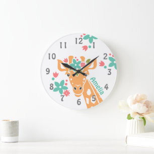 Cute Giraffe med Flower Krona Personlig Stor Klocka
