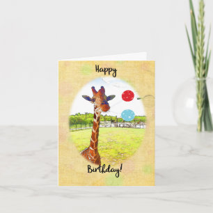 Cute Giraffe med födelsedagsballonger Kort