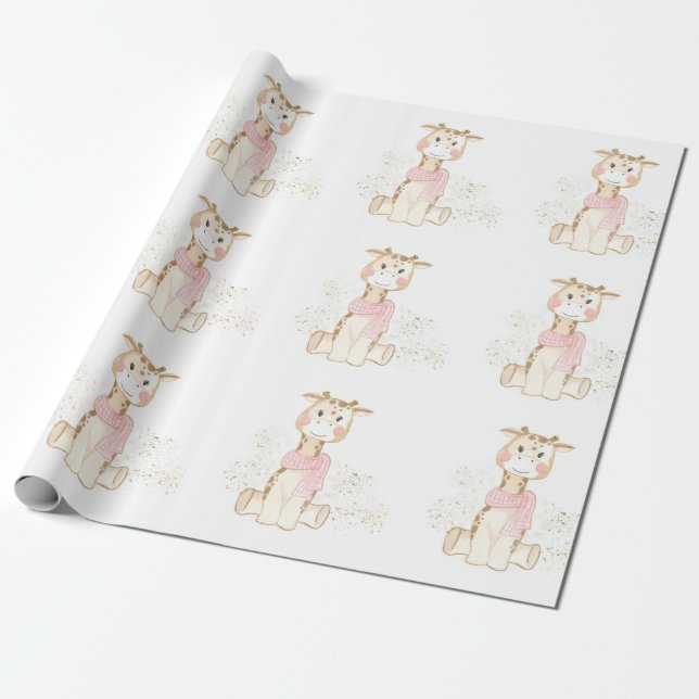 Cute Giraffe med guldfoil Flicka Shower Presentpapper (Utrullad)