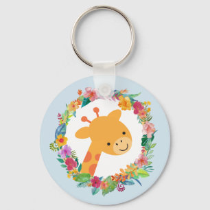 Cute Giraffe med vattenfärgad Blommigt Utandning Nyckelring