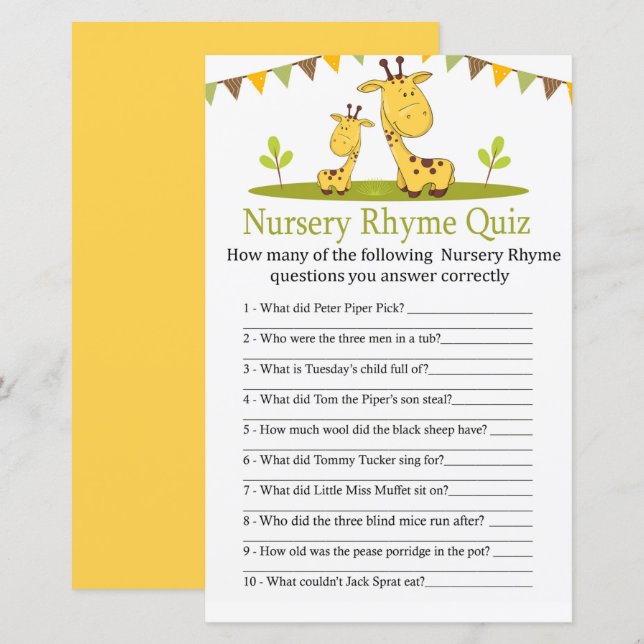 Cute giraffe Nursery Rhyme Quiz-babyduschspel (Fram/baksida)