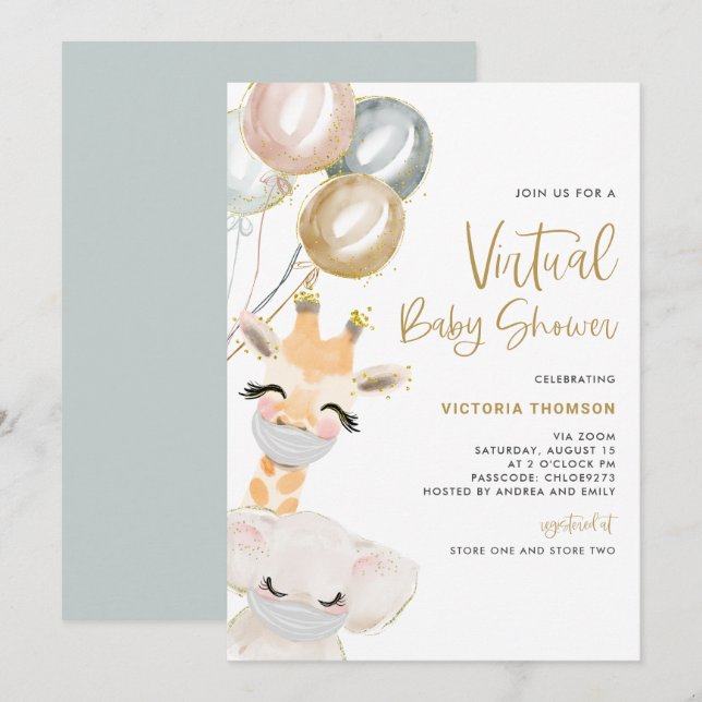 Cute Giraffe och Elephant Virtuell Baby Shower Inbjudningar (Fram/baksida)