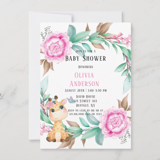 Cute Giraffe och Rosa Peony Girl Baby Shower Inbjudningar (Framsida)