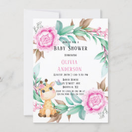 Cute Giraffe och Rosa Peony Girl Baby Shower Inbjudningar