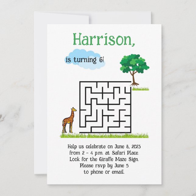 Cute giraffe och träd maze puzzle-födelsedag inbju inbjudningar (Framsida)