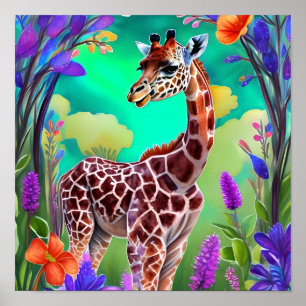 Cute Giraffe, omgiven av blommor Poster