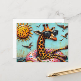 Cute Giraffe on Donut Floatation Device Birds Fly Vykort