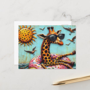 Cute Giraffe on Donut Floatation Device Birds Fly Vykort