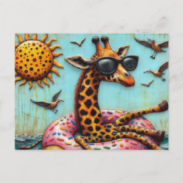 Cute Giraffe on Donut Floatation Device Birds Fly Vykort