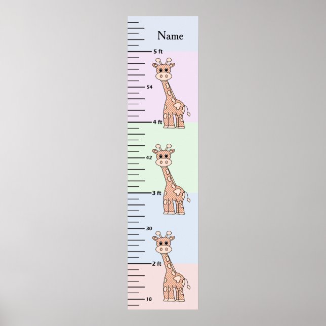 Cute Giraffe Pastel Growth Chart Add Child's Namn Poster (Framsidan)
