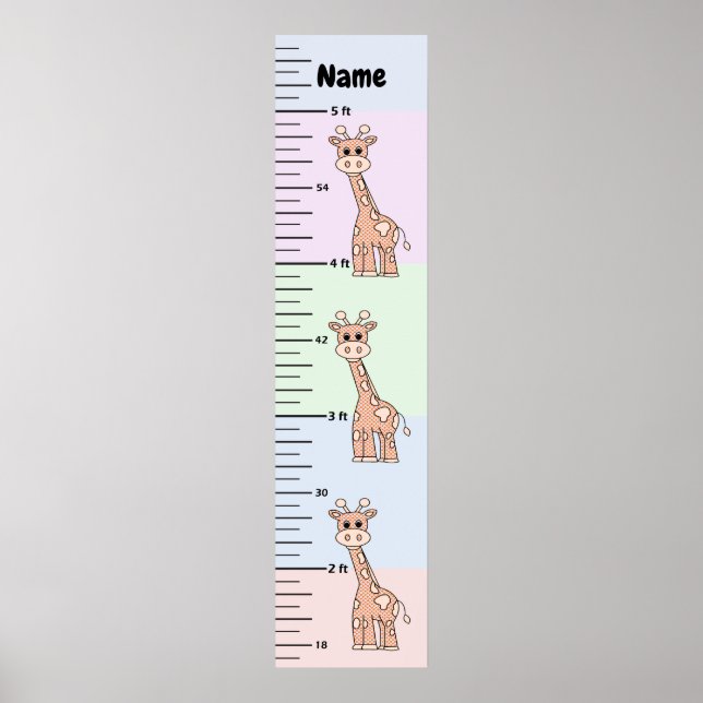 Cute Giraffe Pastel Growth Chart Add Child's Namn Poster (Framsidan)