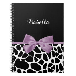 Cute Giraffe Print Lavender Lila Bow med Namn Anteckningsbok Med Spiral