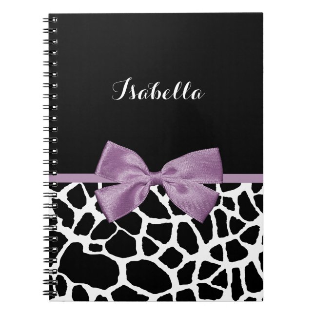 Cute Giraffe Print Lavender Lila Bow med Namn Anteckningsbok Med Spiral (Framsidan)
