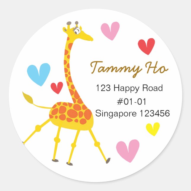 Cute Giraffe Returadress Sticker Runt Klistermärke (Framsida)