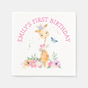 Cute Giraffe Rosa Flowers Girls 1:a födelsedagen  Pappersservett