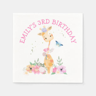 Cute Giraffe Rosa Flowers Girls 3:e födelsedag Par Pappersservett