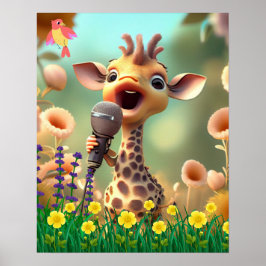 Cute Giraffe sjunger med blommor i mullsträdgården Poster