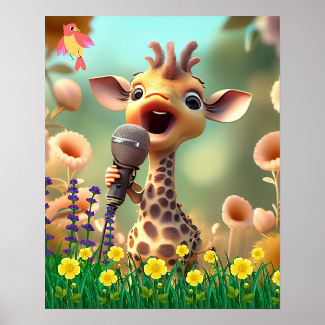 Cute Giraffe sjunger med blommor i mullsträdgården Poster (Framsidan)