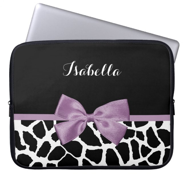 Cute Giraffe Skriv ut Lavender Lila Bow med Namn Laptop Fodral (Framsidan)