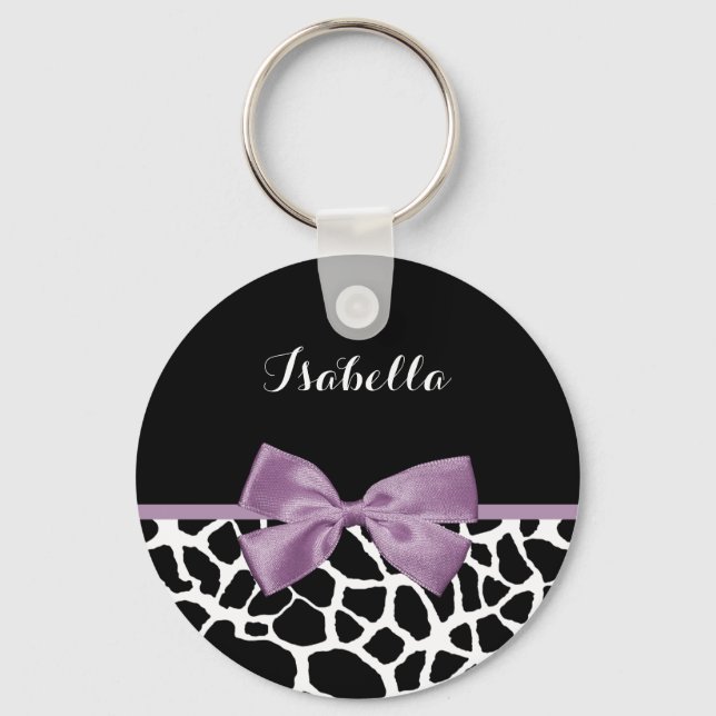 Cute Giraffe Skriv ut Lavender Lila Bow med Namn Nyckelring (Framsida)