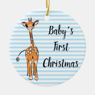 Cute giraffe teckning, safari animals, blue rand julgransprydnad keramik