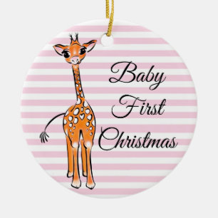 Cute giraffe teckning, safari-djur, rosa rand julgransprydnad keramik