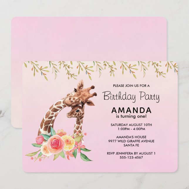 Cute Giraffe Watercolor Mamma & Baby Birthday Inbjudningar (Fram/baksida)