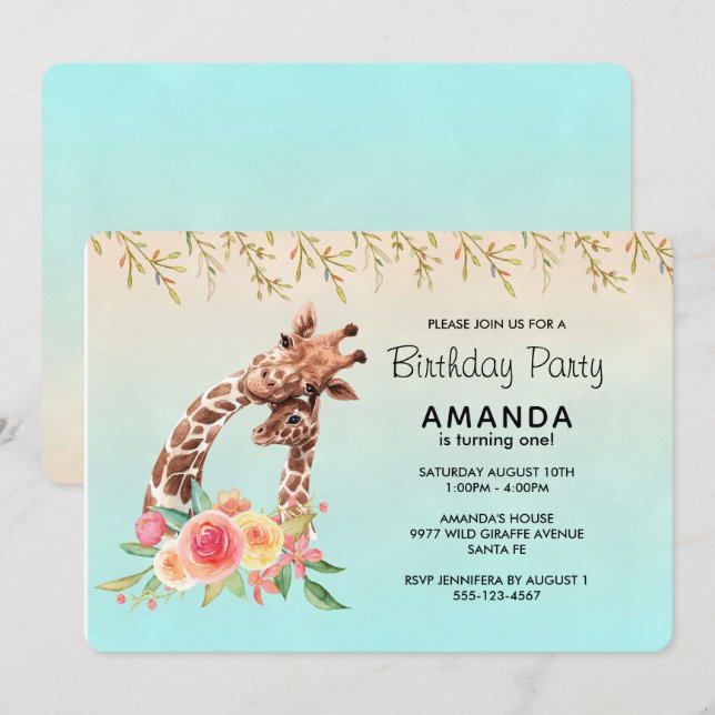 Cute Giraffe Watercolor Mamma & Baby Birthday Inbjudningar (Fram/baksida)