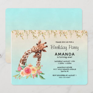 Cute Giraffe Watercolor Mamma & Baby Birthday Inbjudningar
