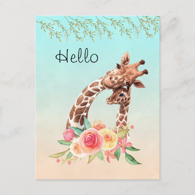 Cute Giraffe Watercolor Mamma & Baby Hej Vykort (Framsida)