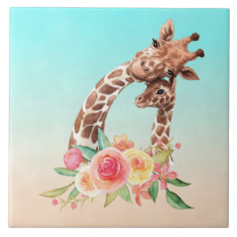 Cute Giraffe Watercolor Mamma & Baby Kakelplatta