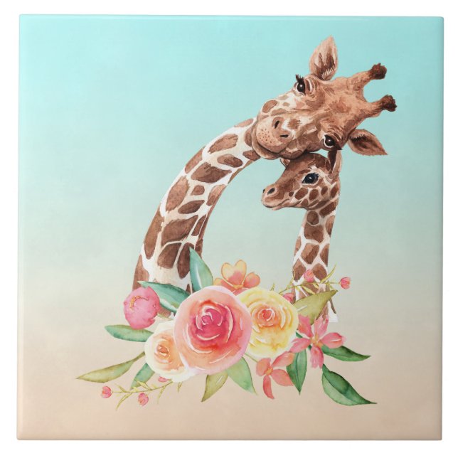 Cute Giraffe Watercolor Mamma & Baby Kakelplatta (Framsidan)